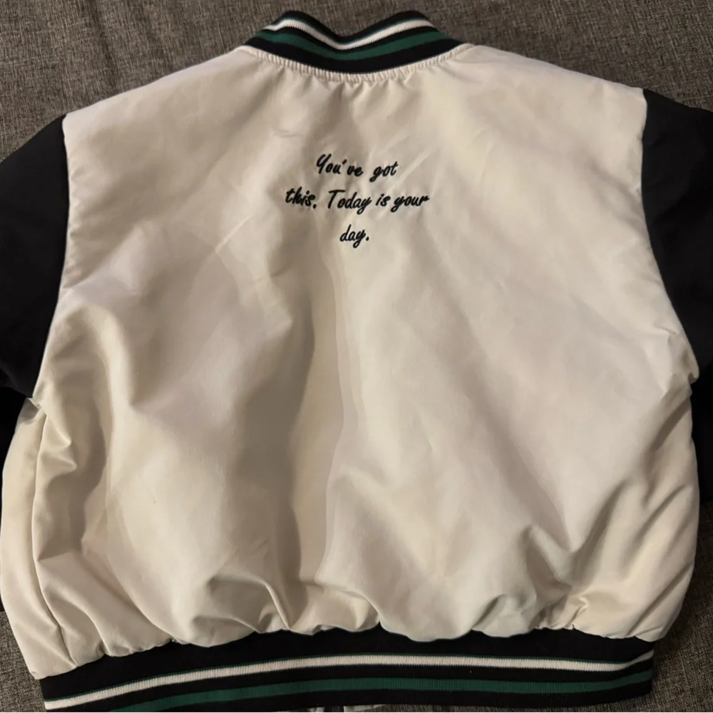 Zara Black and White Varsity Jacket with Green Lettering - Picture 2 of 4